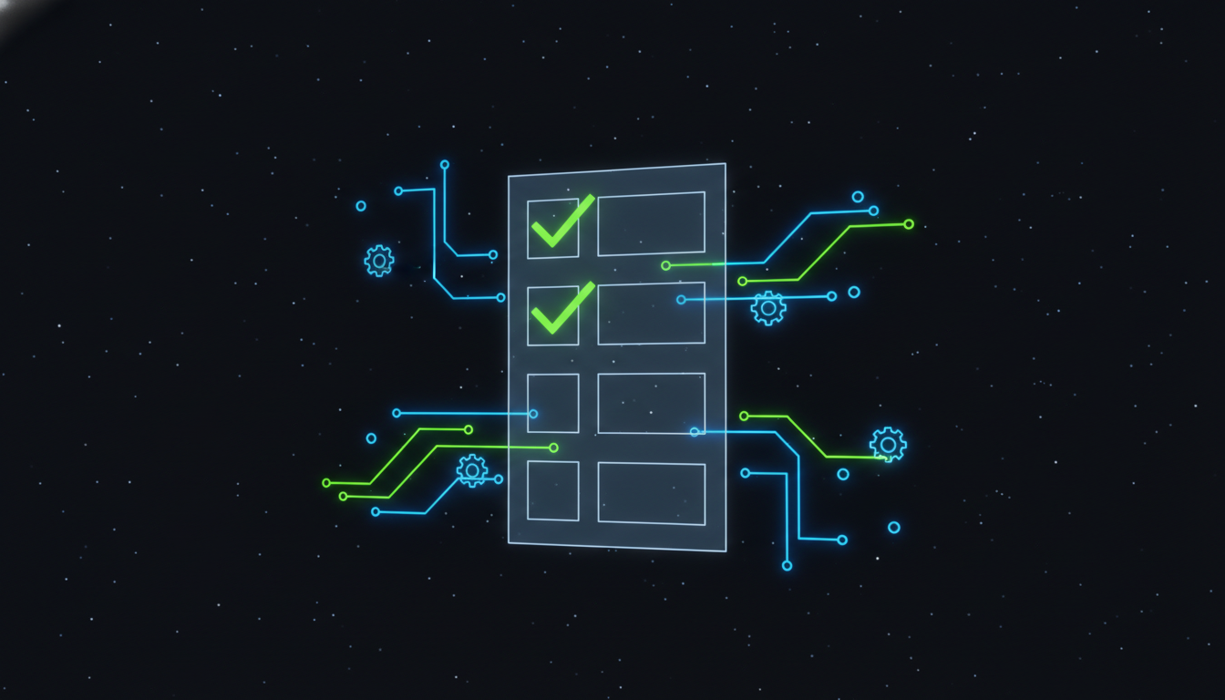 Compliance checklist concept with geometric checkmarks and data flow lines
