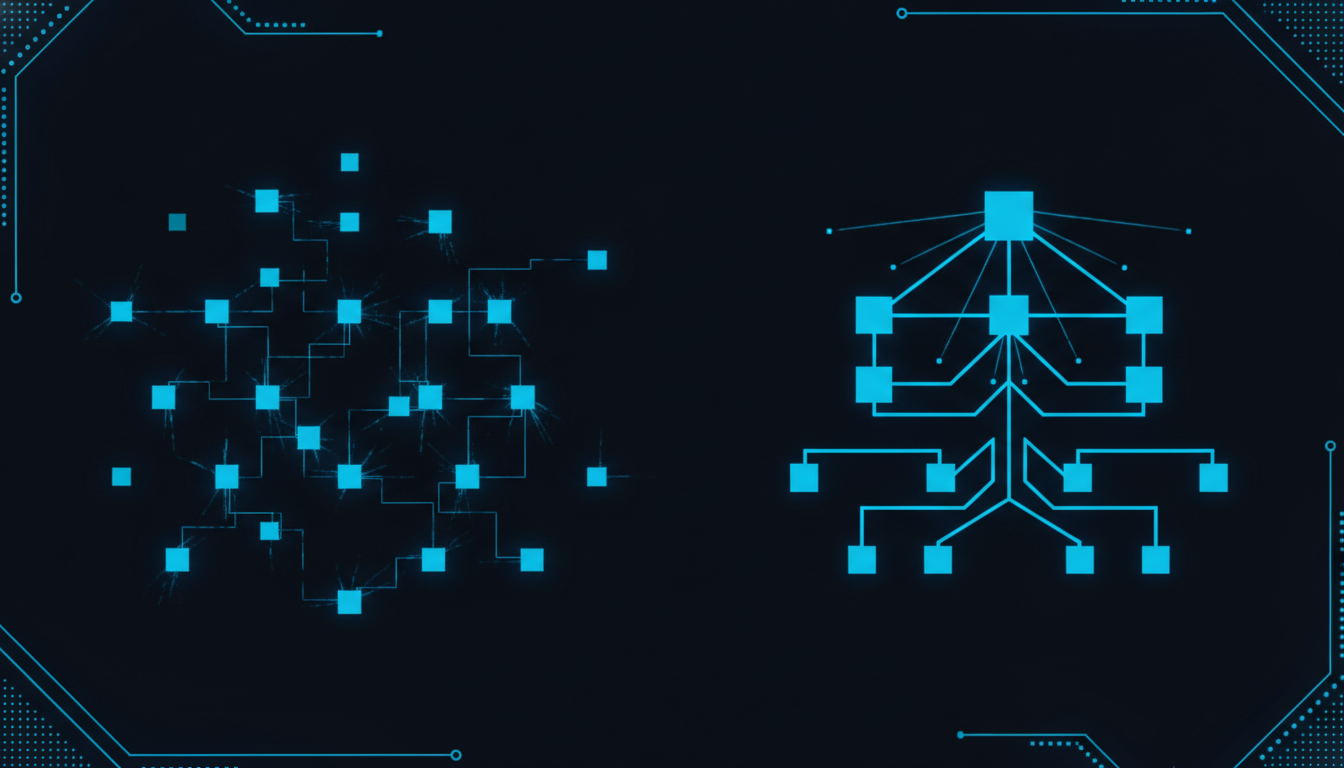 Structured vs unstructured team AI adoption - organised connected network versus chaotic scattered nodes