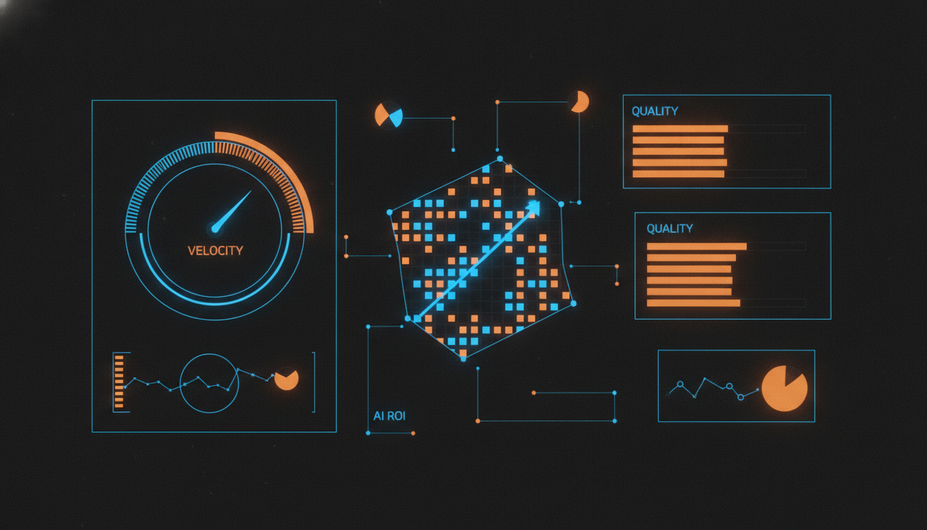 Engineering metrics dashboard showing structured AI ROI measurement framework with performance indicators