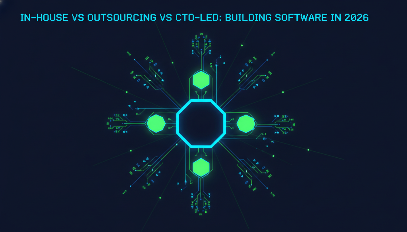 Abstract node network showing a lean CTO-led engineering team orchestrated around a central hub