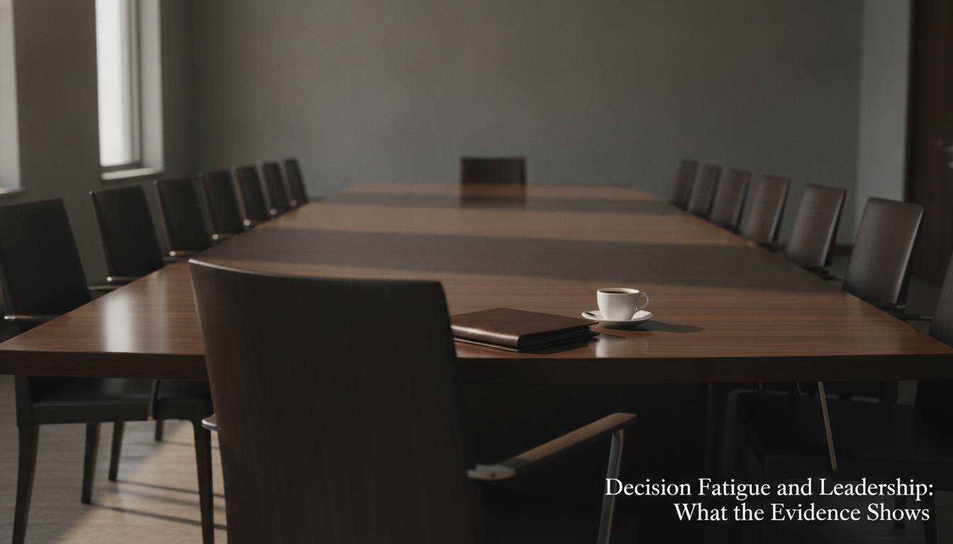 An empty boardroom table in fading late-afternoon light with a closed folder and a half-finished cup of coffee, illustrating decision fatigue and leadership