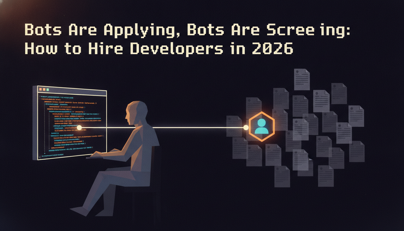 Stylised engineer conducting a live technical assessment, representing CTO-led human screening as the fix for AI-flooded hiring