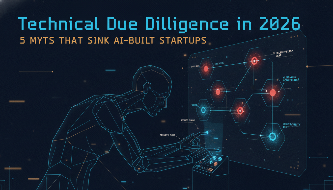 Investor inspecting a startup software architecture node graph with risks flagged in red during technical due diligence
