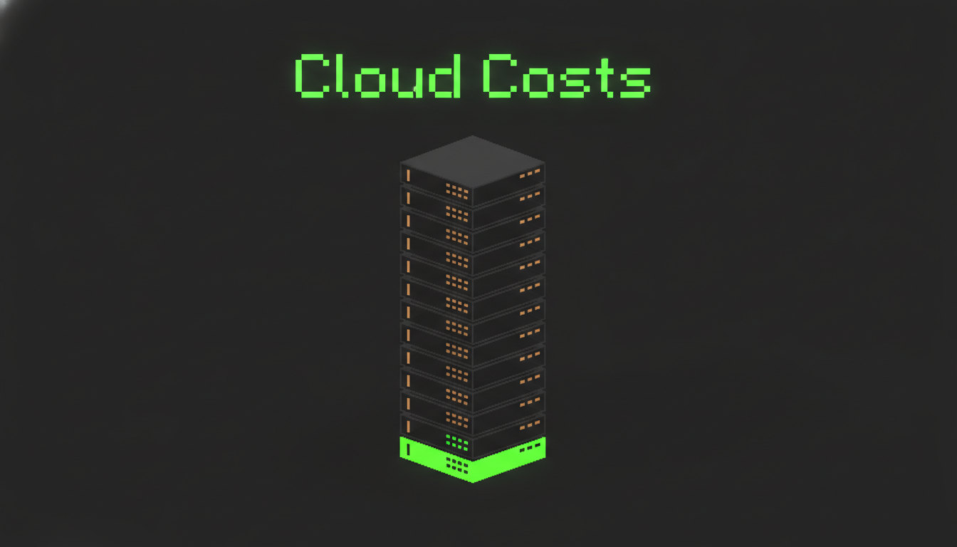 Over-provisioned cloud infrastructure versus actual usage, shown as a tall stack of mostly empty server blocks with a tiny used sliver