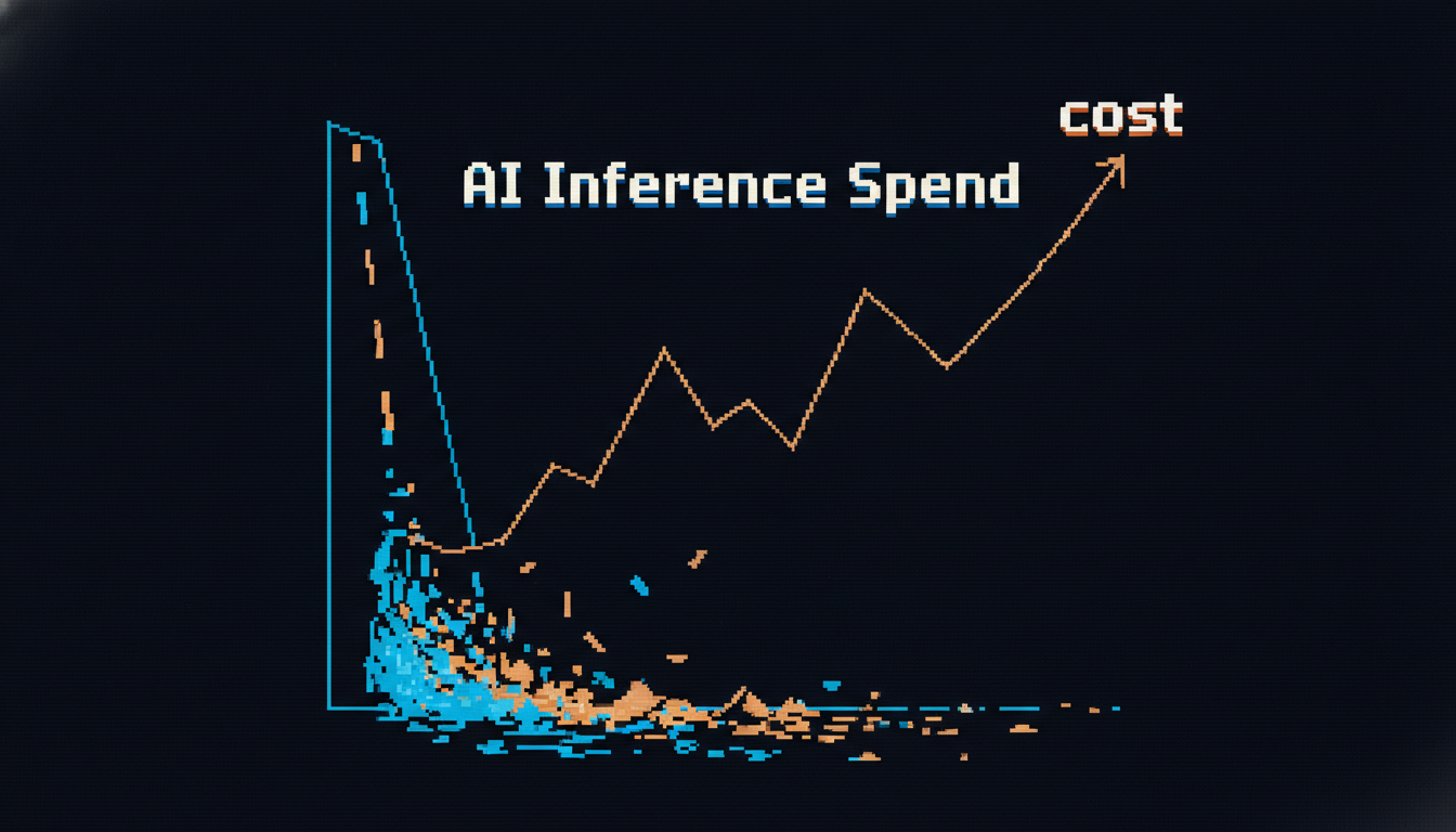 Runaway AI inference spend visualised as token streams feeding a cost graph that spikes off the chart