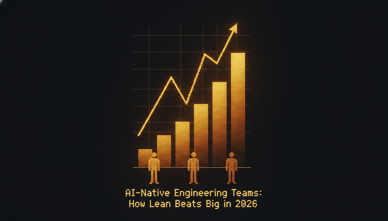 High revenue per employee from a lean AI-native team, shown as a few glowing figures producing a large rising output graph