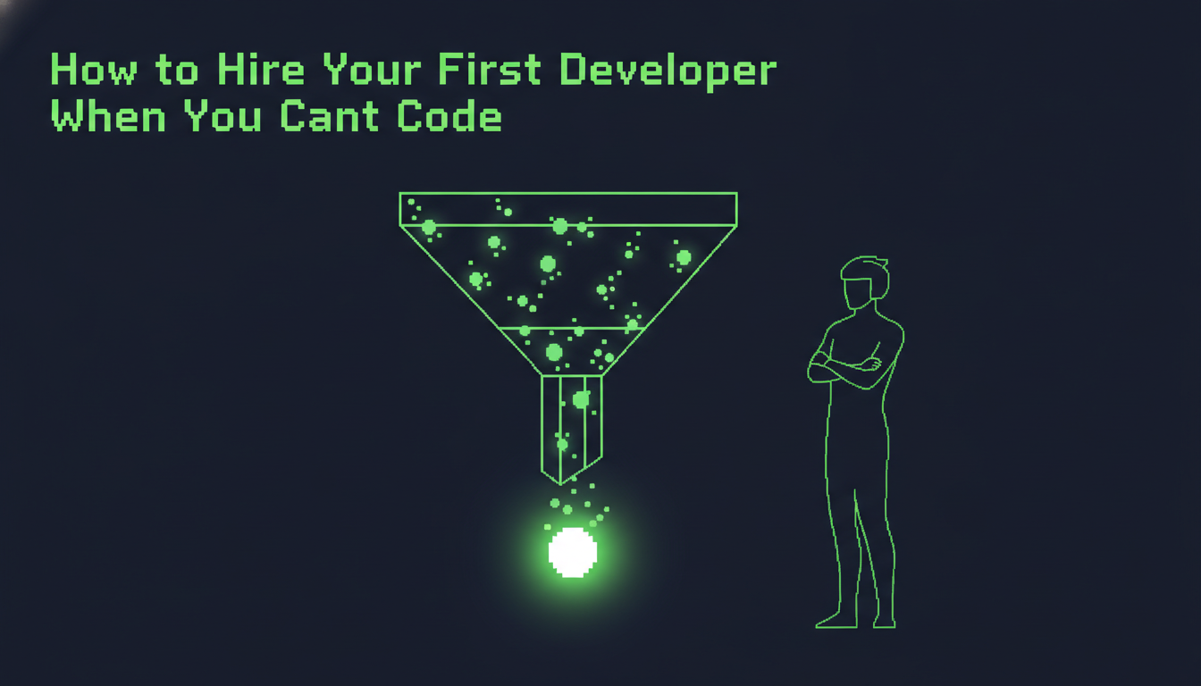 CTO-led technical screening funnel filtering many developer candidates down to one vetted hire, minimal geometric illustration