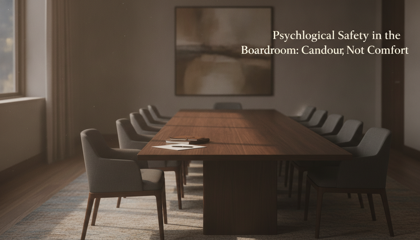 An empty boardroom table at dusk with one chair drawn slightly back, illustrating psychological safety and candour in leadership teams