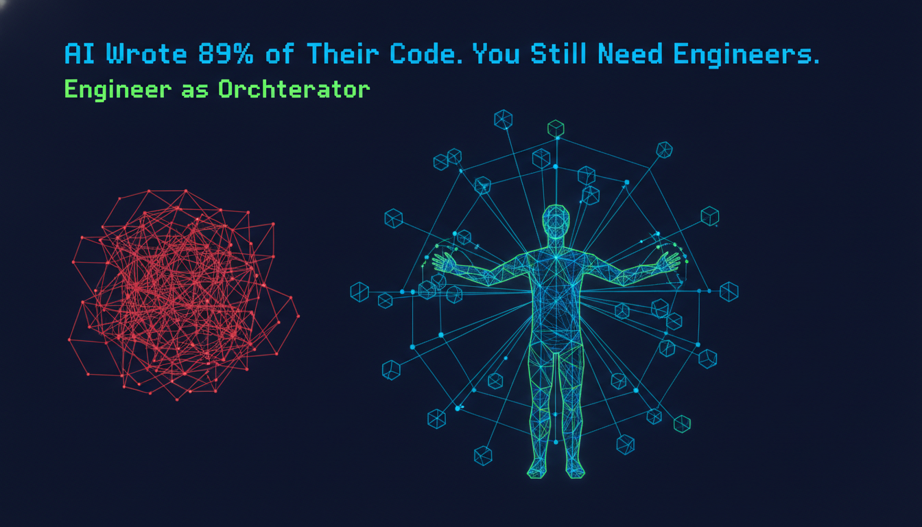Illustration of an engineer orchestrating multiple AI coding agents in an orderly network versus unsupervised AI code creating tangled technical debt