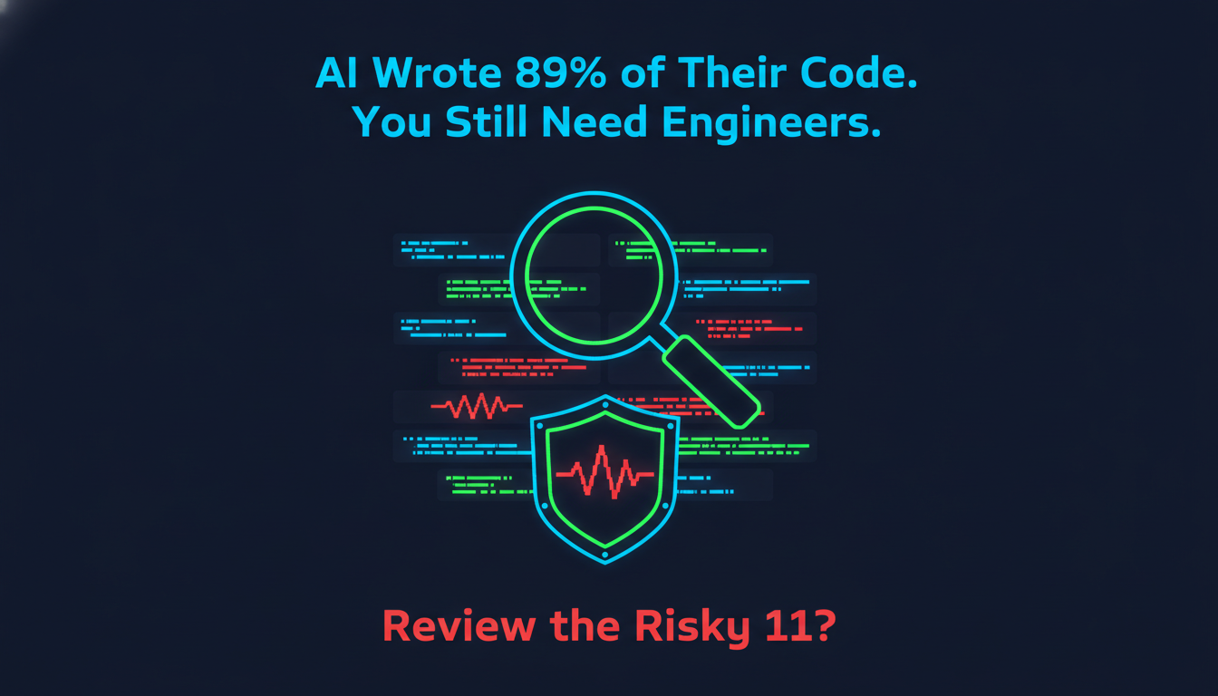Reviewing AI-generated code for security vulnerabilities, with risky code blocks flagged in red, representing the verification tax on engineering teams