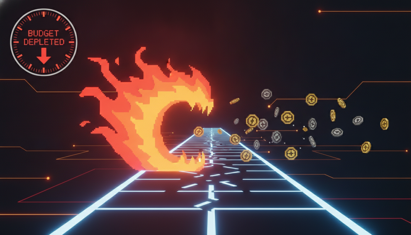 Abstract visualisation of uncontrolled AI token spending consuming startup runway