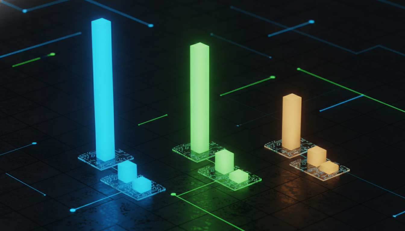 Abstract comparison of three AI coding tools represented as different-height glowing cost columns