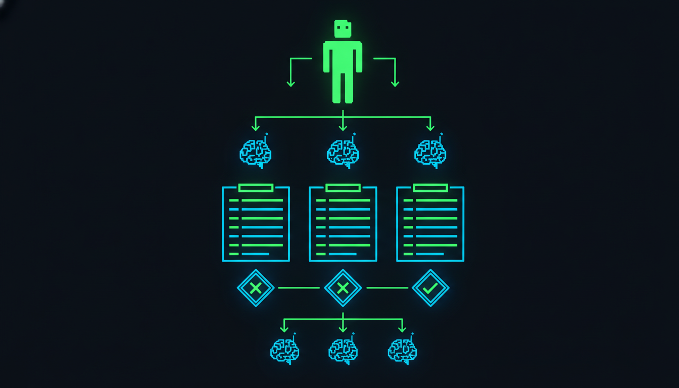 Team hierarchy with human orchestrator directing multiple AI agent nodes, evaluation and quality gates illustrated geometrically