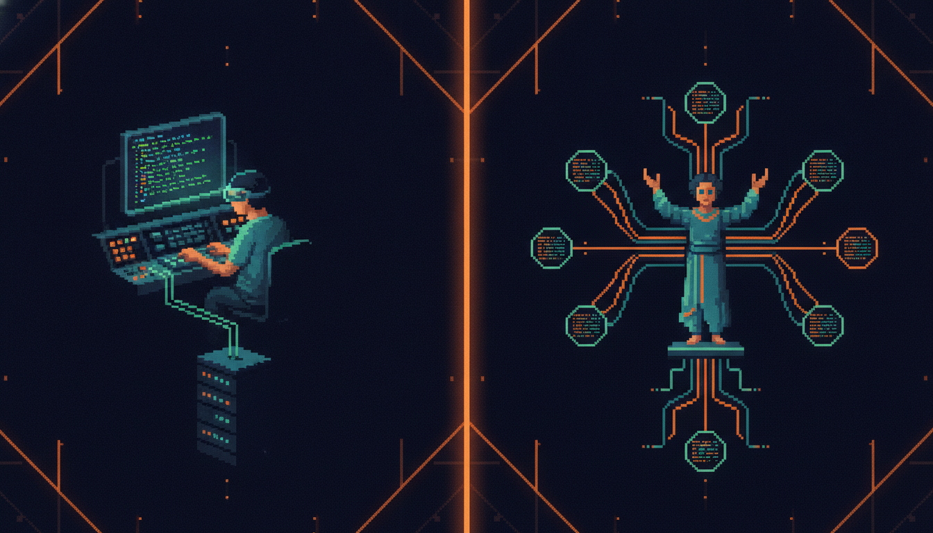 Side-by-side comparison of traditional developer approach versus orchestrator engineer managing AI agents