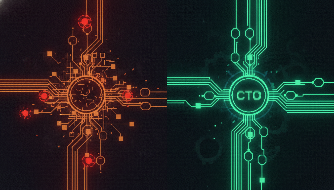 Abstract comparison of two engineering team structures: chaotic unmanaged AI code flow versus ordered CTO-led structured adoption pipeline