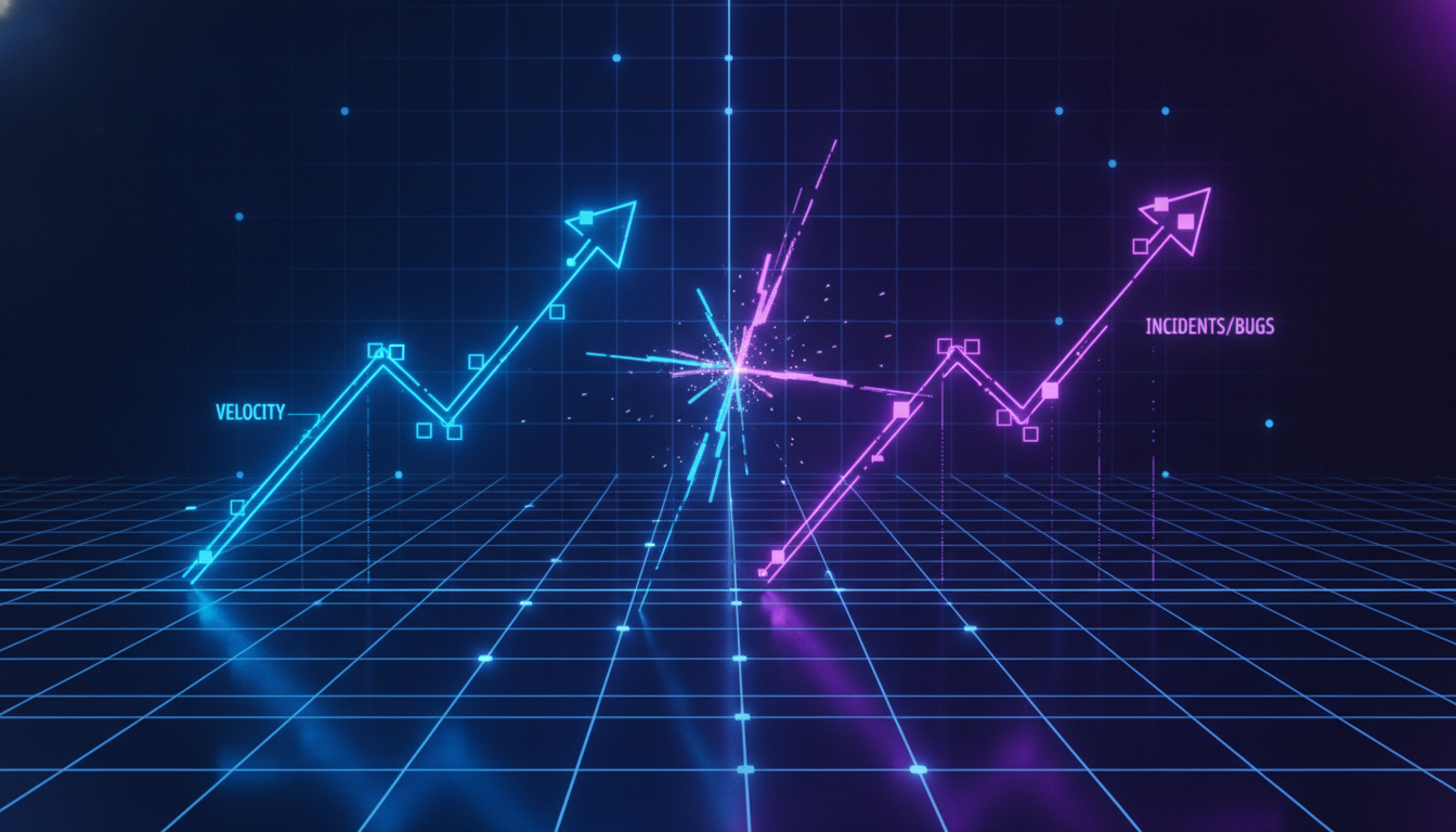 Abstract visualization showing rising velocity metrics versus rising bug and incident rates - the AI acceleration paradox