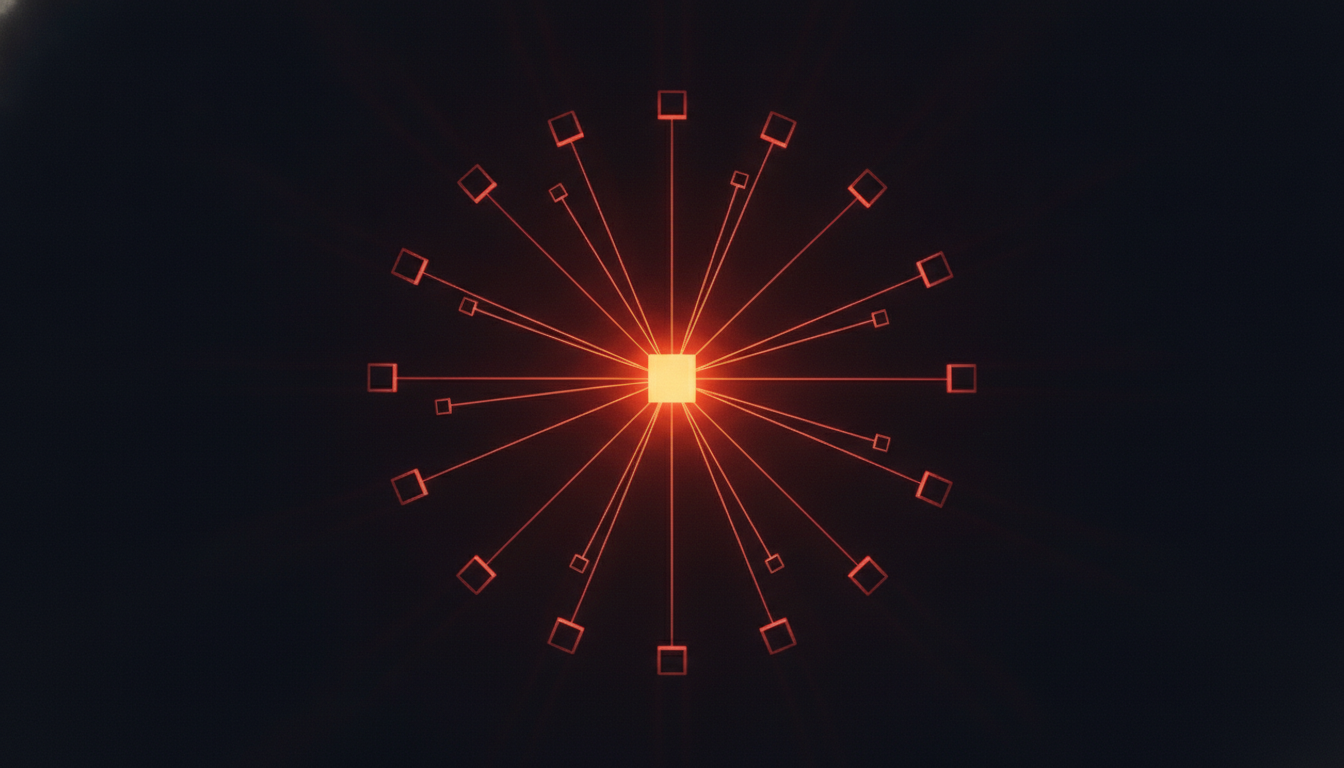 Single glowing node holding all network connections representing bus factor of one single point of failure