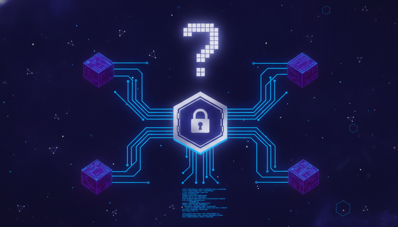 Abstract code fragments flowing from AI nodes into a vault with a question mark representing AI-generated code IP ownership uncertainty
