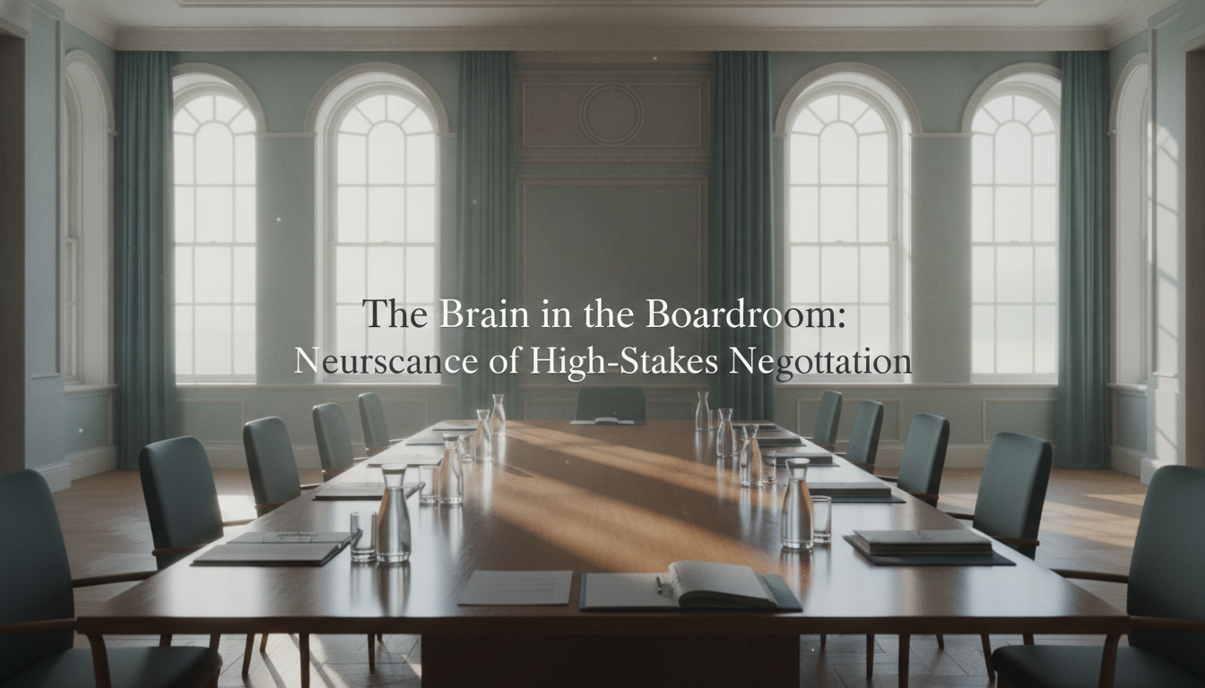 Empty boardroom table with documents lit by soft natural light, representing the neuroscience of high-stakes negotiation