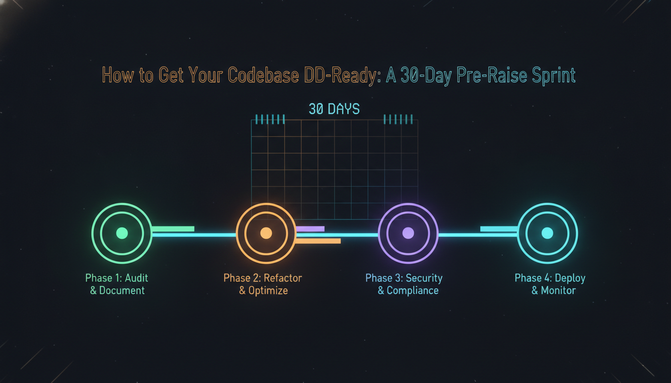 Four-phase roadmap with glowing milestone nodes — the 30-day codebase DD preparation timeline