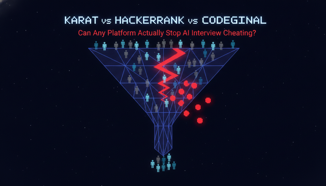 Hiring funnel diagram showing AI cheating candidates passing through automated screening undetected