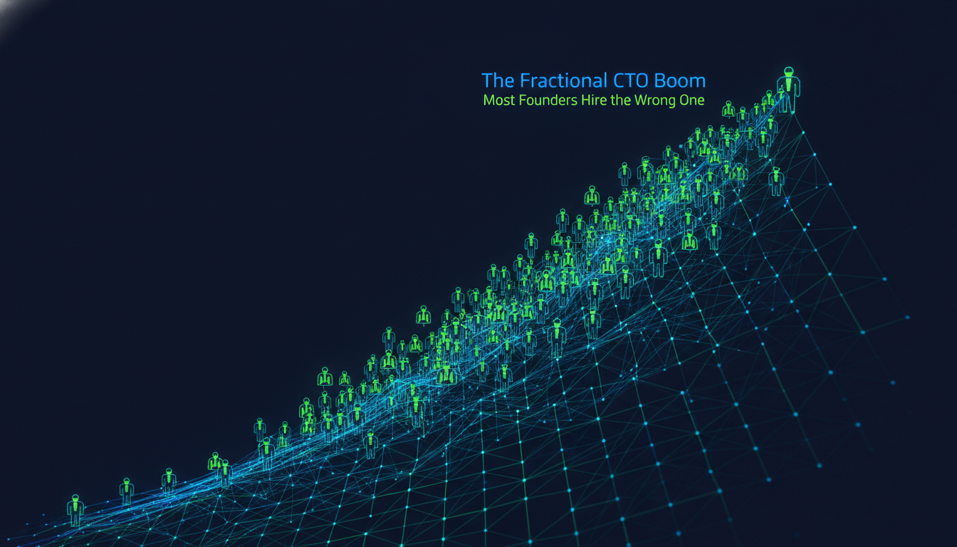 Abstract rising node graph showing the explosive growth of the fractional CTO market with executive silhouettes multiplying up the curve
