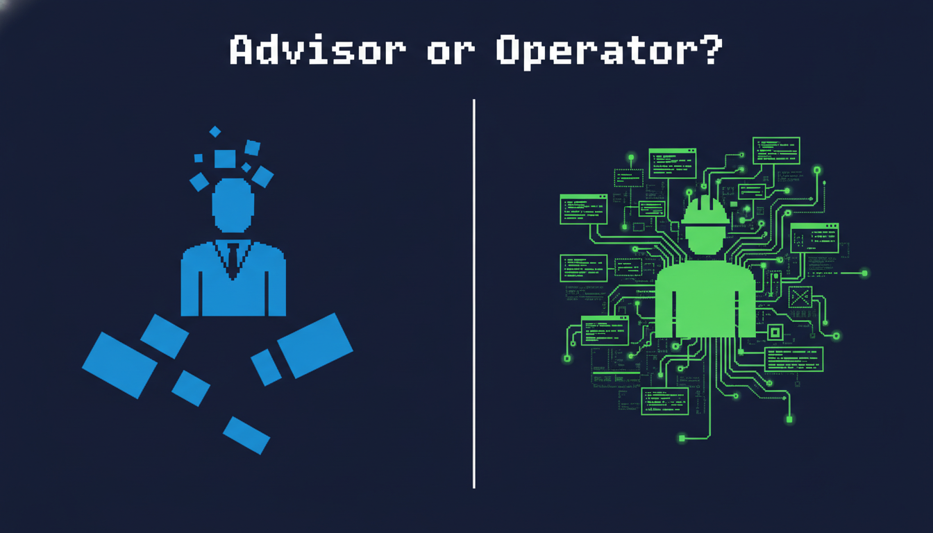Two contrasting panels comparing a detached advisor floating above disconnected slides versus an operator embedded inside a connected grid of code and terminals