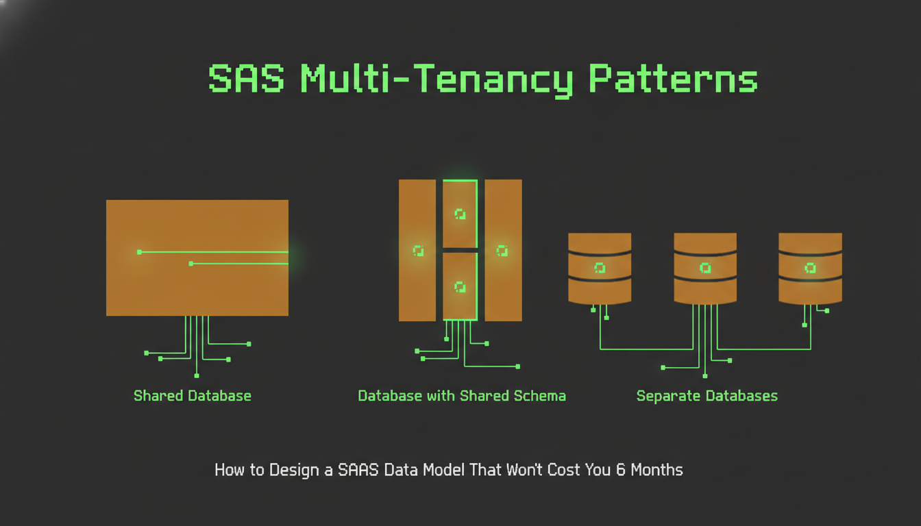 Three abstract database structures comparing shared schema, schema-per-tenant and database-per-tenant SaaS multi-tenancy isolation patterns