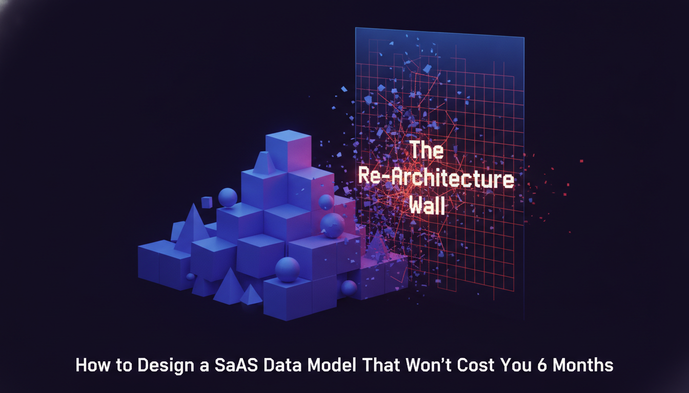 A solid data model foundation contrasted with a fragmenting grid hitting a scaling ceiling, representing SaaS re-architecture