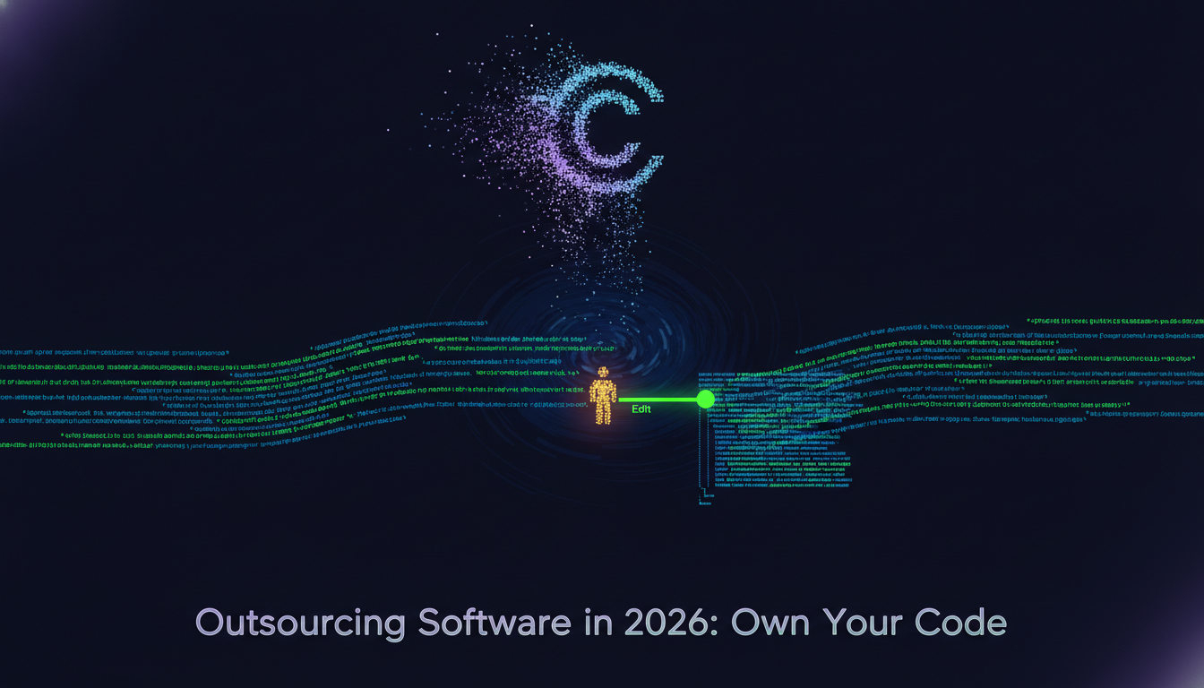 Pixelated copyright symbol dissolving into the public domain as a human node re-solidifies AI-generated code, showing human contribution making AI code ownable
