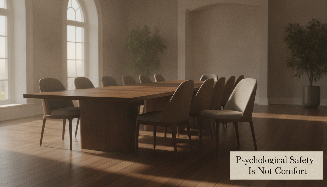 An empty boardroom table at dawn with one chair pulled slightly back, illustrating psychological safety and candour in leadership teams