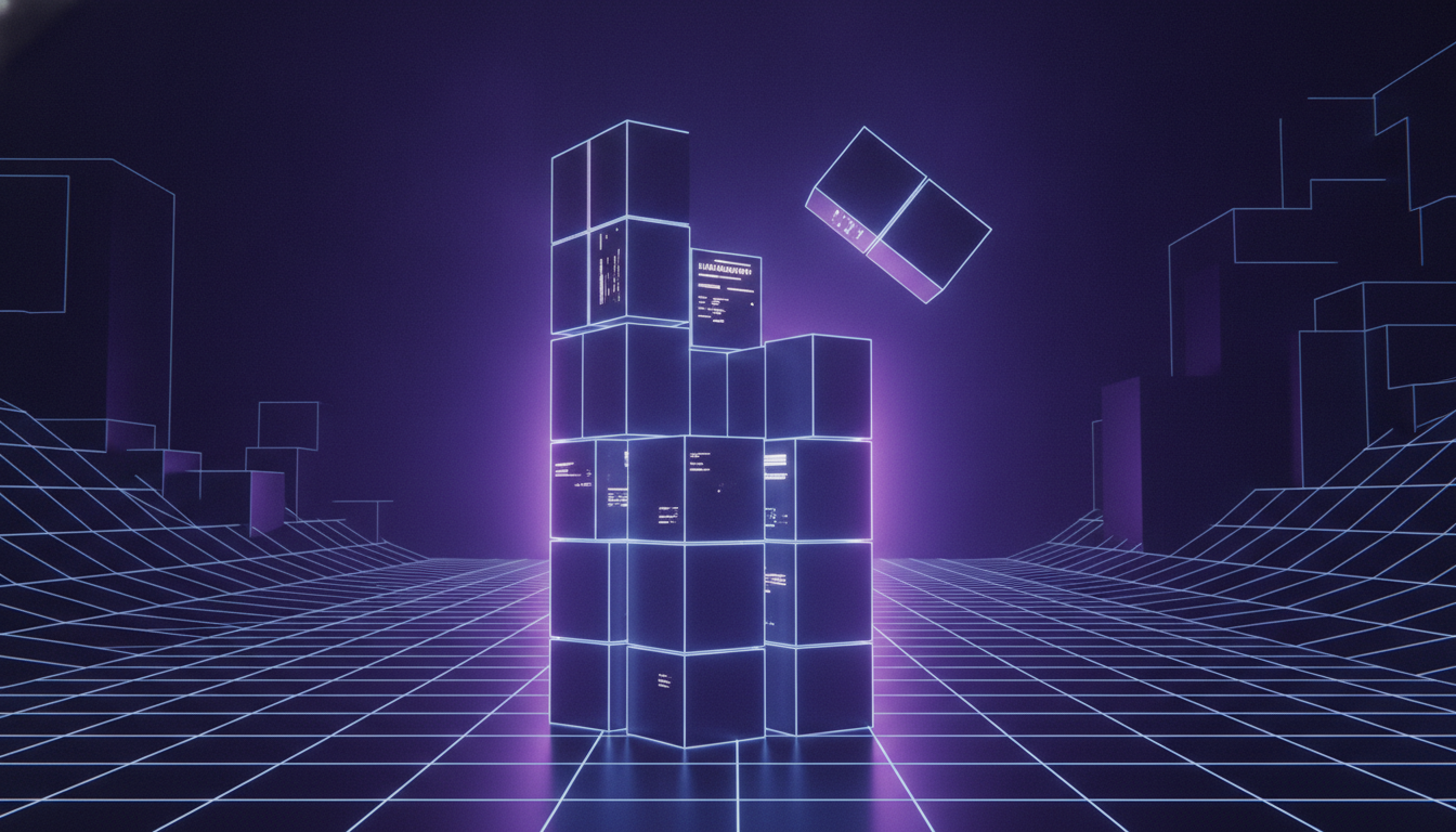 Abstract modular block architecture with one segment separating cleanly, representing a splittable monolith design for B2C apps