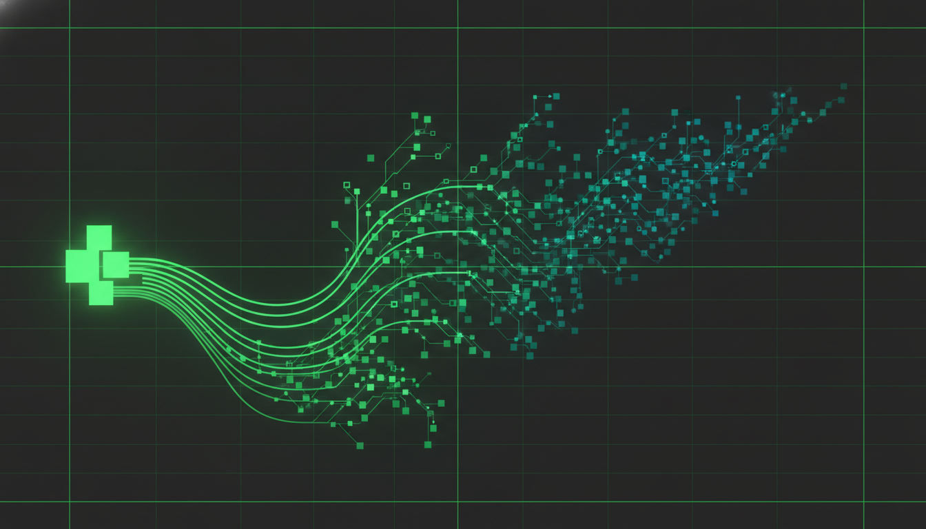 Abstract node graph showing a small cluster of bright early nodes determining the shape of a much larger branching structure, illustrating how early developer onboarding habits predict long-term code output patterns