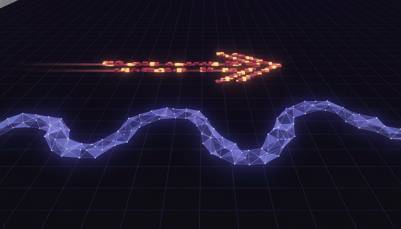 Two abstract paths on a dark grid, a fast straight arrow above and a slower winding line passing through a geometric lattice below, representing shipping speed versus building real understanding of a system