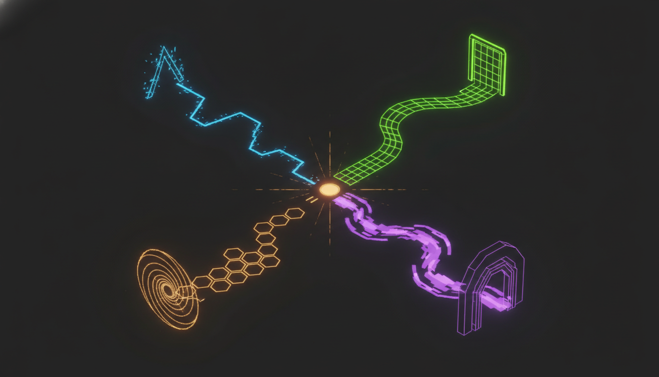 Four diverging pathways from a single origin node representing four routes to an AI governance audit at different costs and scales