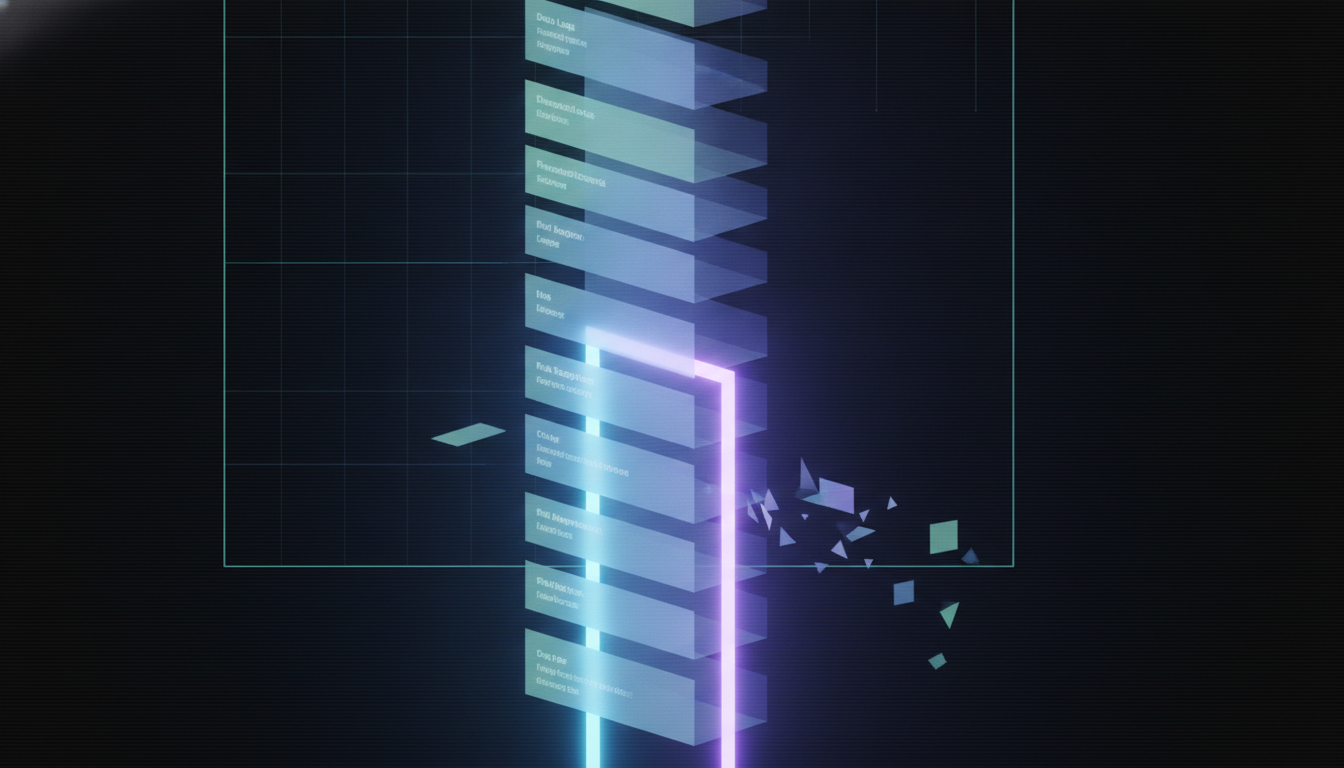 Layers of logs, records and risk registers passing upward through a narrow checkpoint gate with some layers falling away, representing missing operational audit evidence
