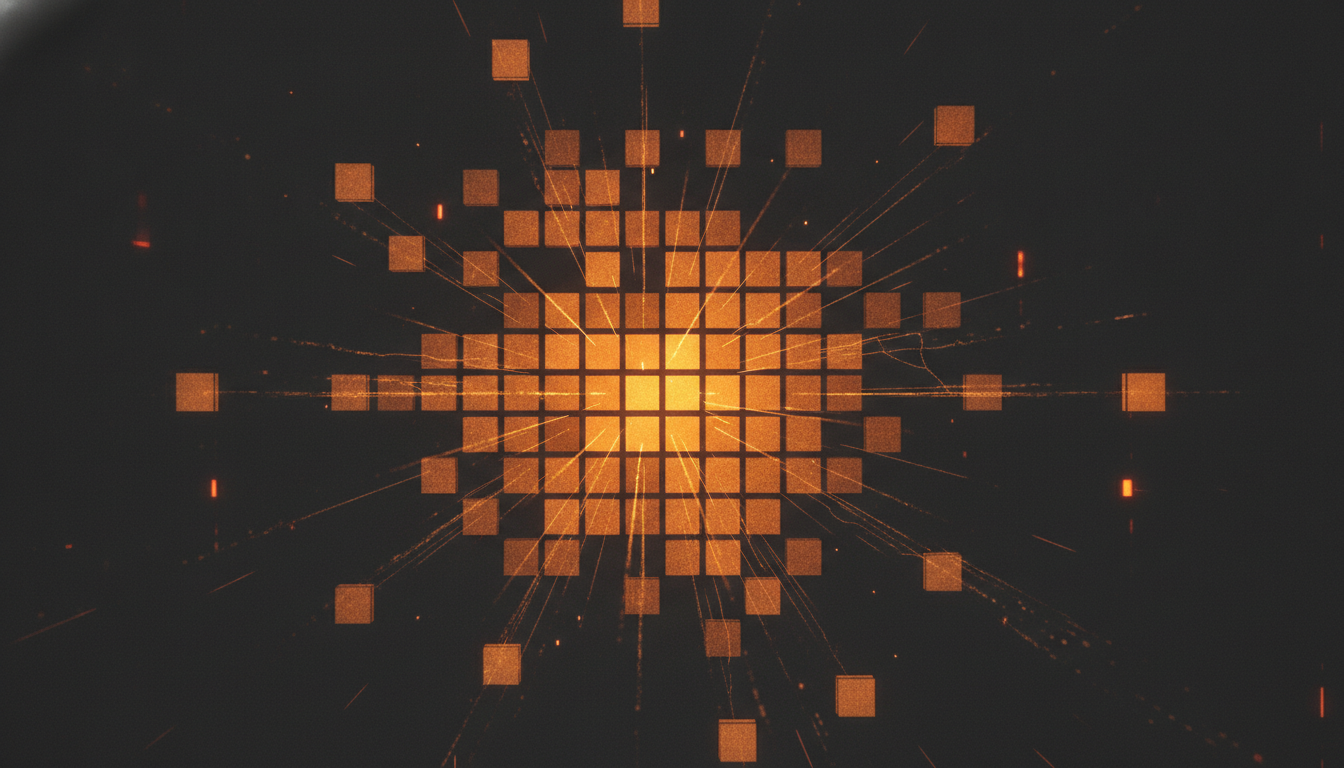 Abstract grid of duplicated code blocks multiplying and drifting apart with connections breaking, illustrating rising duplication and falling code reuse in AI-generated codebases