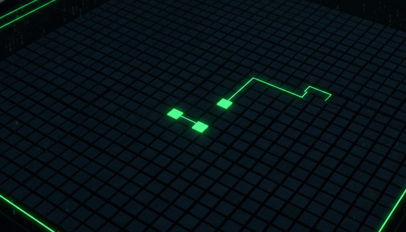 Grid of mostly dimmed tiles with three glowing tiles connected by a single path, illustrating cutting an MVP scope down to one core user journey
