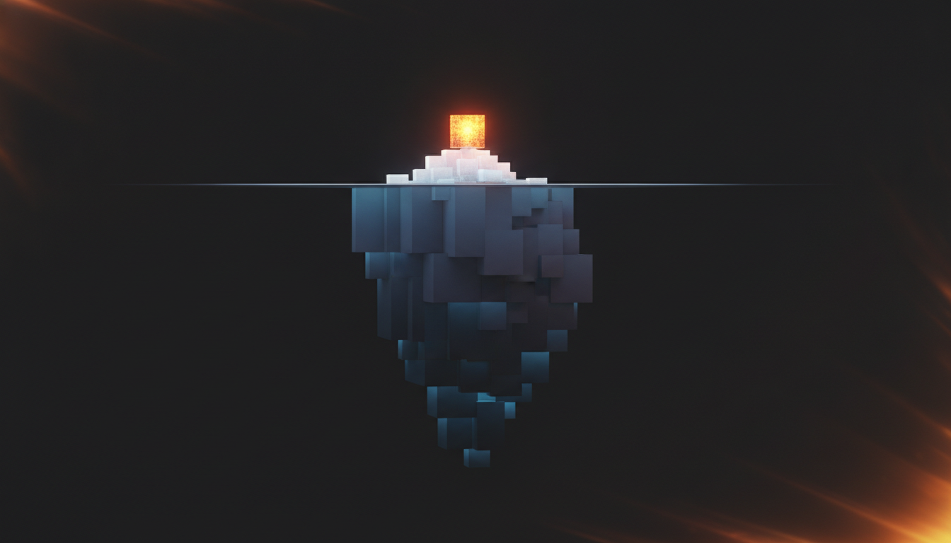 Abstract iceberg of stacked geometric blocks showing a small visible portion above the waterline and a much larger hidden mass below, representing ecommerce replatforming costs beyond the platform licence