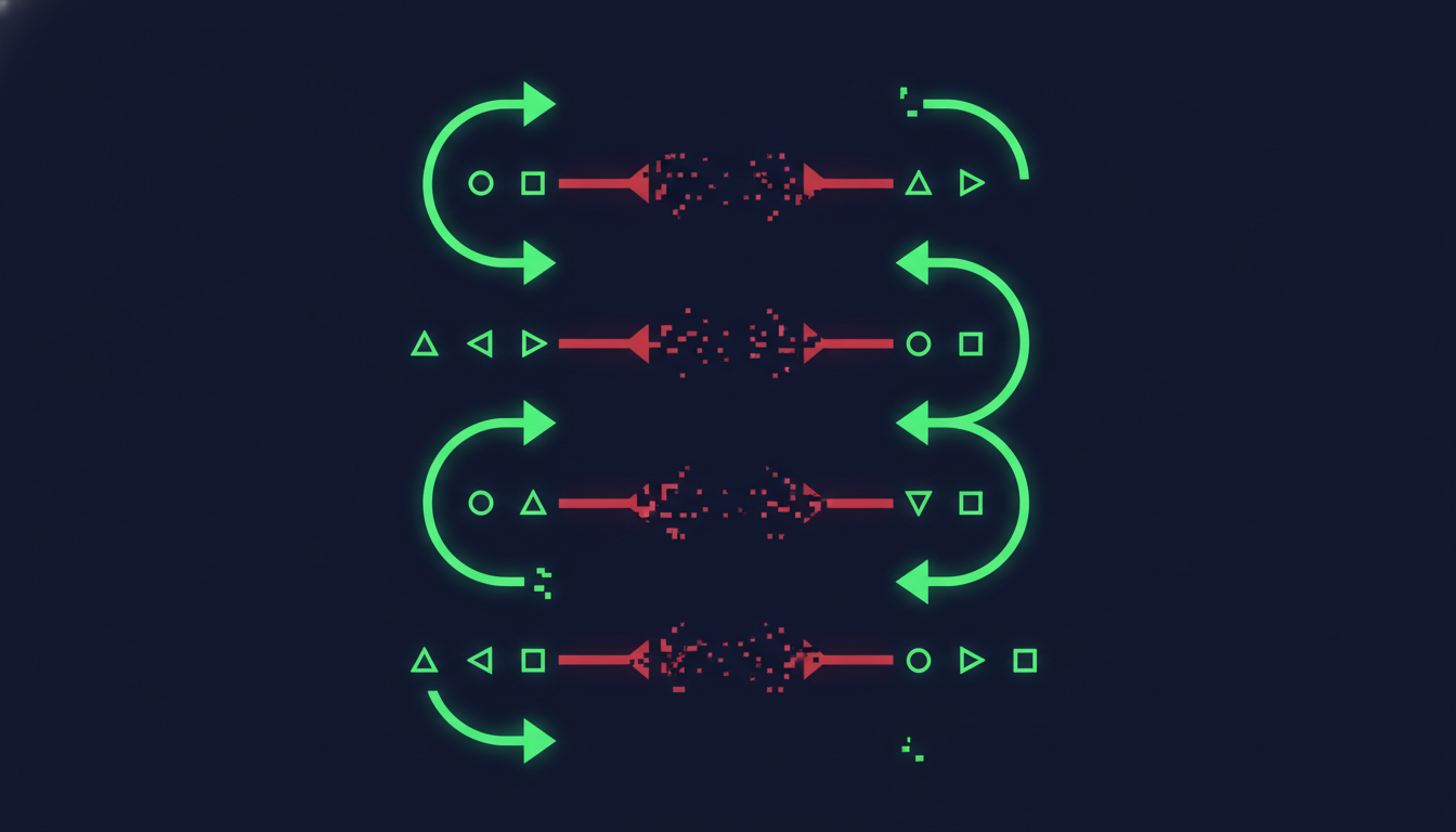 Two columns of geometric nodes joined by glowing arrows, with several arrows breaking off and fading out, representing incomplete URL redirect mapping during an ecommerce platform migration