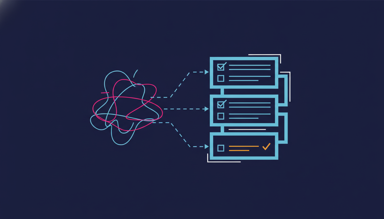 Flat illustration of a rough feature sketch resolving into an ordered stack of precise checklist cards