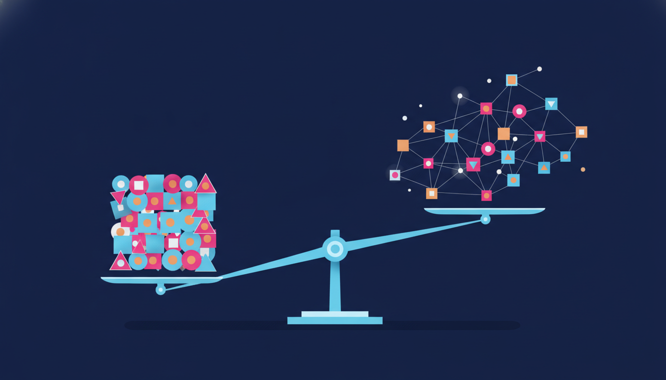 Flat illustration of a balance scale weighing a compact cluster of shapes against a larger distributed network of shapes