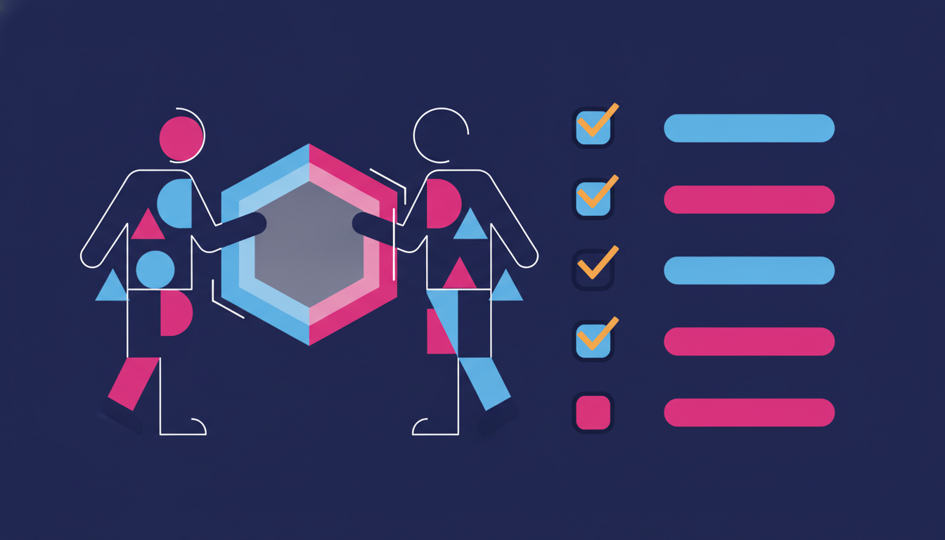 Flat illustration of two abstract figures joining at a shared central shape, with a checklist of criteria forming beside them