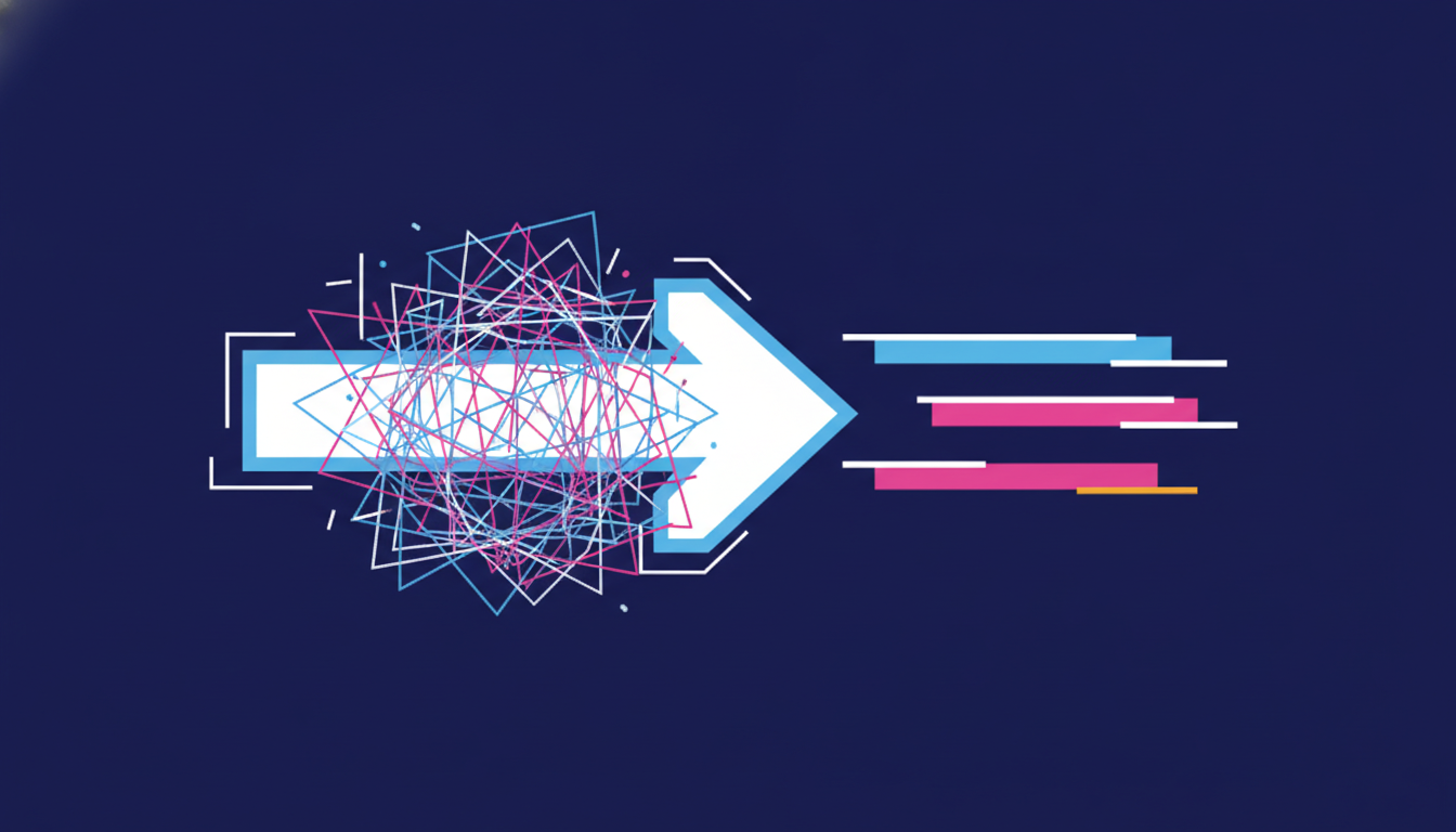 Flat illustration of a decision arrow cutting through tangled architecture lines and resolving them into three ordered layers
