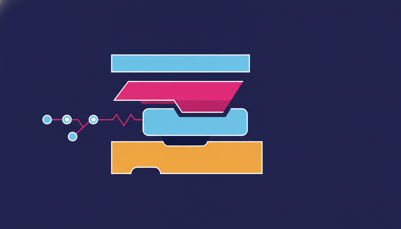 Flat illustration of a vertical stack of distinct labelled layers with connector nodes running down the side