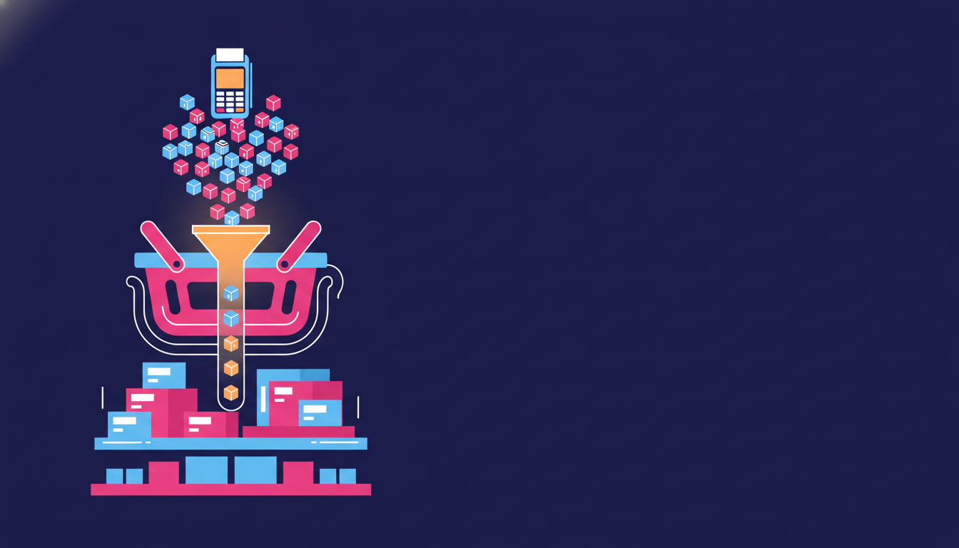 Flat illustration on navy of pink and blue parcels pouring from a card terminal into an orange funnel, which narrows to a single queue of parcels dropping through a shopping basket onto shelves of boxes