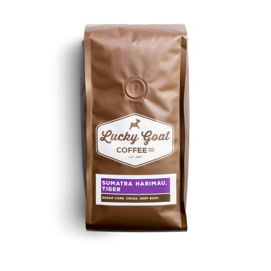 Bag of whole bean Sumatra Harimau, Tiger coffee, roasted by Lucky Goat Coffee Co.