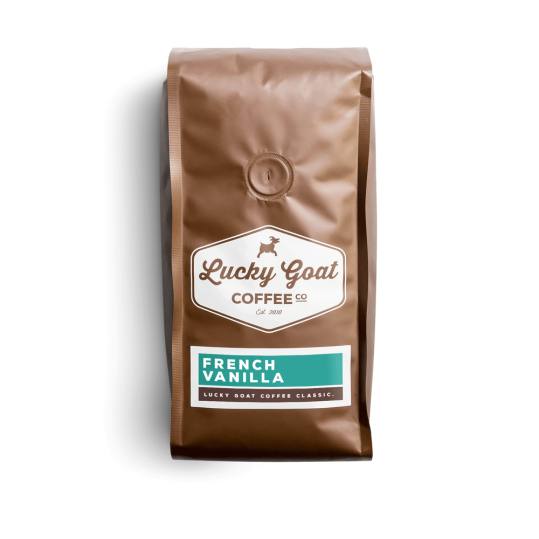 Bag of whole bean French Vanilla coffee, roasted by Lucky Goat Coffee Co.