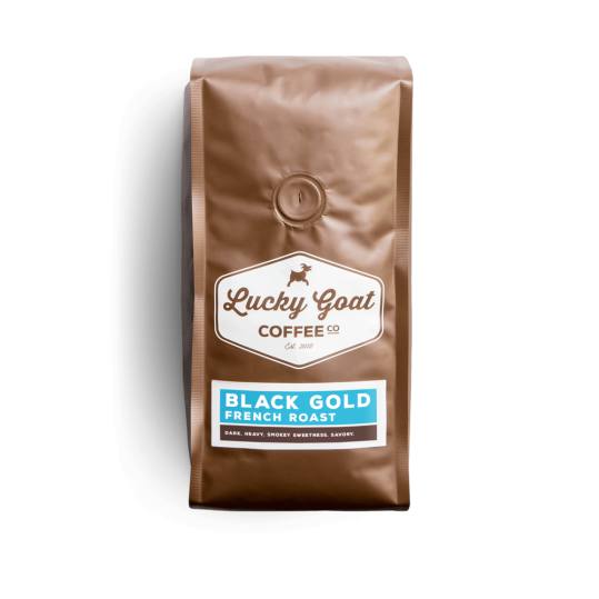 Bag of whole bean Black Gold French Roast coffee, roasted by Lucky Goat Coffee Co.