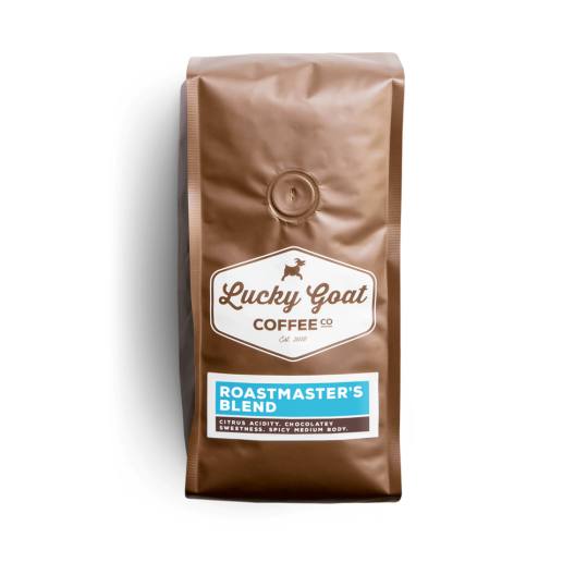 Bag of whole bean Roastmaster’s Blend coffee, roasted by Lucky Goat Coffee Co.
